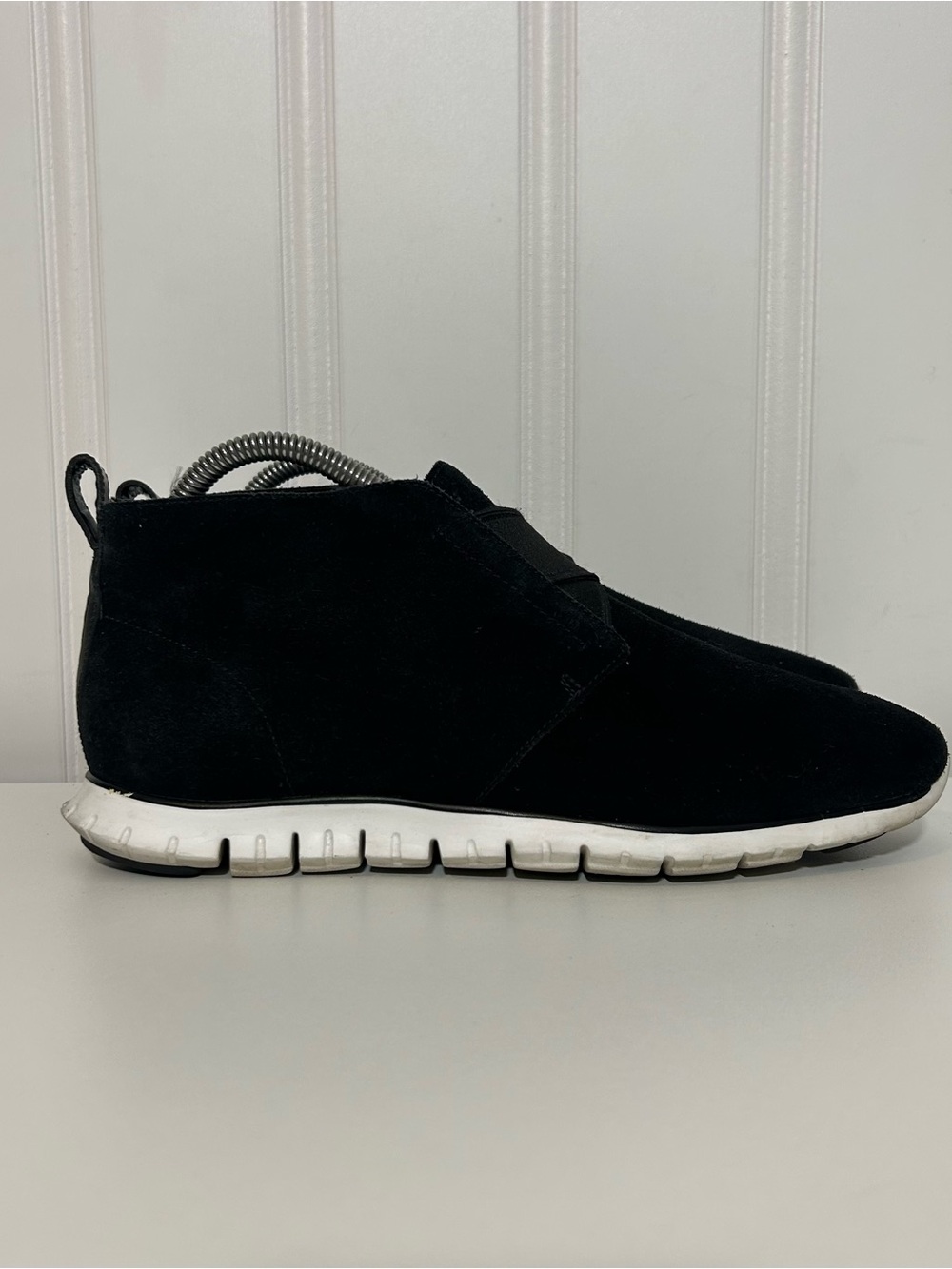 Cole haan zerogrand black suede white sole slip on boots